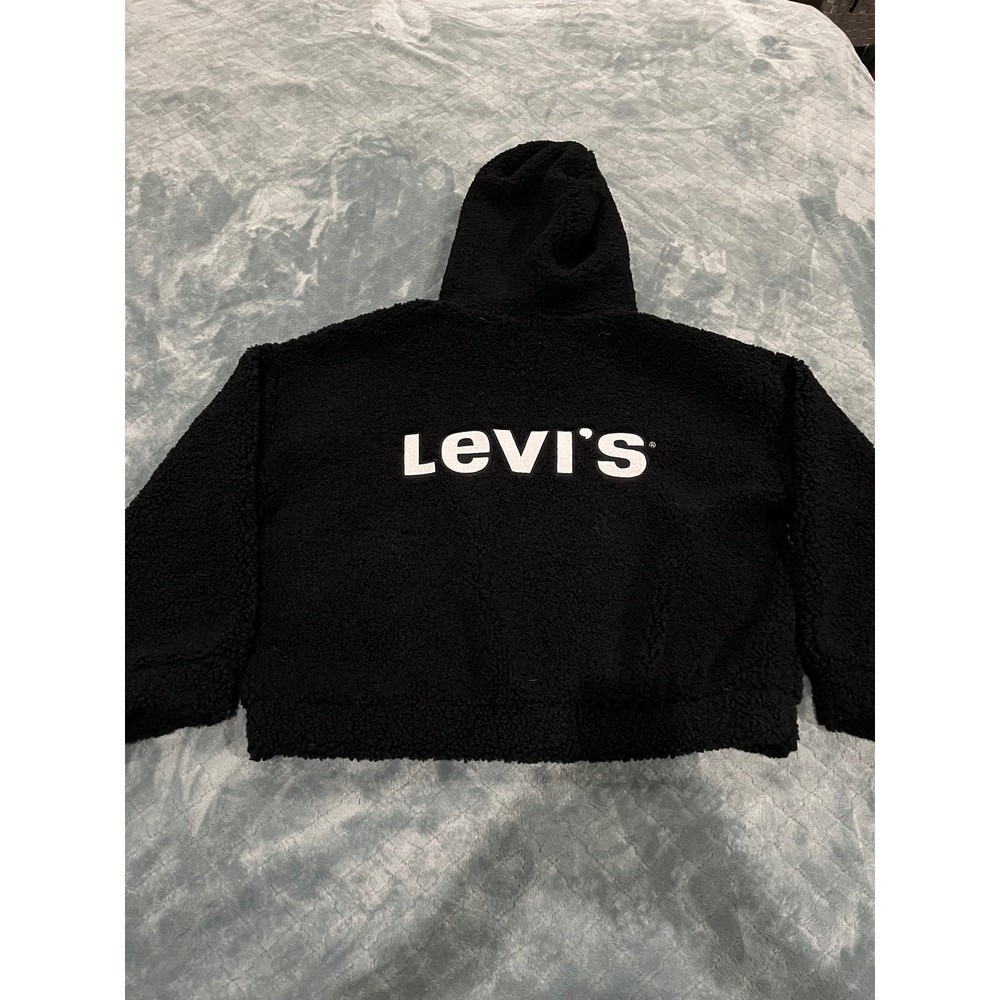Levis Womens Sherpa Hoodie Black Faux Shearling Logo Pullover 777130000 Size S